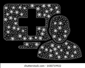 Glowing mesh computer doctor with sparkle effect. Abstract illuminated model of computer doctor icon. Shiny wire frame triangular mesh computer doctor. Vector abstraction on a black background.