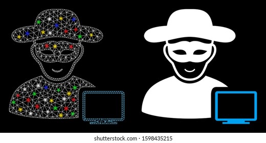 Glowing mesh computer hacker icon with lightspot effect. Abstract illuminated model of computer hacker. Shiny wire frame polygonal mesh computer hacker icon. Vector abstraction on a black background.