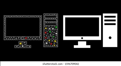 Glowing mesh computer icon with glitter effect. Abstract illuminated model of computer. Shiny wire carcass triangular mesh computer icon. Vector abstraction on a black background.