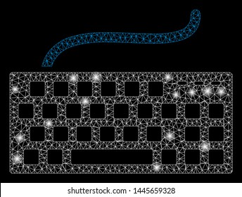 Glowing mesh computer keyboard with glitter effect. Abstract illuminated model of computer keyboard icon. Shiny wire frame triangular mesh computer keyboard. Vector abstraction on a black background.