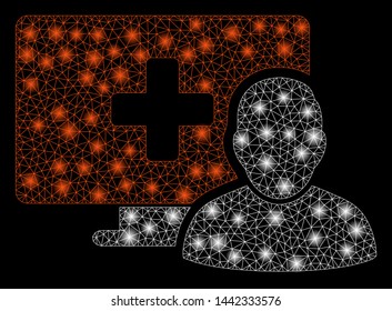 Glowing mesh computer medical client with sparkle effect. Abstract illuminated model of computer medical client icon. Shiny wire carcass polygonal mesh computer medical client.