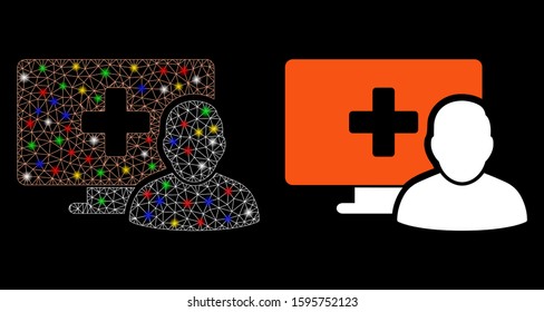 Glowing mesh computer medical client icon with glow effect. Abstract illuminated model of computer medical client. Shiny wire frame triangular mesh computer medical client icon.