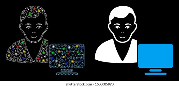 Glowing mesh computer user icon with glare effect. Abstract illuminated model of computer user. Shiny wire carcass polygonal mesh computer user icon. Vector abstraction on a black background.
