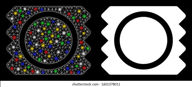 Glowing mesh condom package icon with glow effect. Abstract illuminated model of condom package. Shiny wire carcass triangular mesh condom package icon. Vector abstraction on a black background.