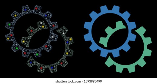 Glowing mesh configuration gears icon with glow effect. Abstract illuminated model of configuration gears. Shiny wire frame polygonal network configuration gears icon.