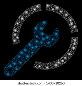 Glowing mesh configure spanner with glare effect. Abstract illuminated model of configure spanner icon. Shiny wire carcass triangular mesh configure spanner. Vector abstraction on a black background.