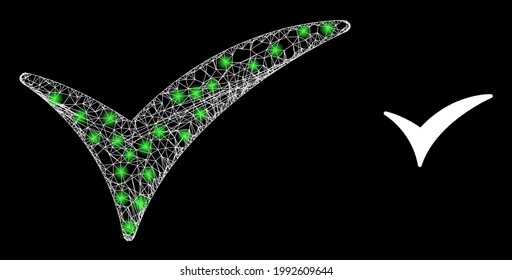 Glowing mesh confirm with glowing spots. Linear frame 2D network generated with crossed white lines and confirm icon. White mesh and sparkle frame polygonal confirm on a black background.