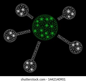 Glowing mesh connections with glitter effect. Abstract illuminated model of connections icon. Shiny wire frame polygonal network connections. Vector abstraction on a black background.