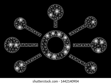 Glowing mesh connections with glow effect. Abstract illuminated model of connections icon. Shiny wire frame triangular mesh connections. Vector abstraction on a black background.