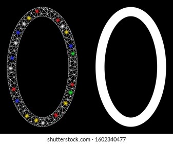 Glowing mesh contour ellipse icon with sparkle effect. Abstract illuminated model of contour ellipse. Shiny wire frame triangular mesh contour ellipse icon. Vector abstraction on a black background.