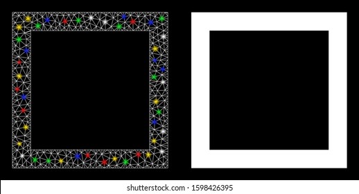 Glowing mesh contour square icon with glitter effect. Abstract illuminated model of contour square. Shiny wire carcass polygonal mesh contour square icon. Vector abstraction on a black background.