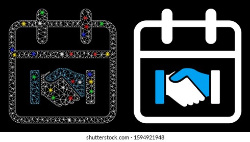 Glowing mesh contract day icon with glare effect. Abstract illuminated model of contract day. Shiny wire carcass polygonal network contract day icon. Vector abstraction on a black background.