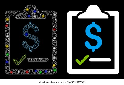 Glowing mesh contract icon with glare effect. Abstract illuminated model of contract. Shiny wire frame triangular network contract icon. Vector abstraction on a black background.