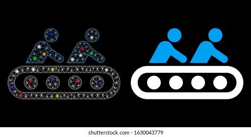 Glowing mesh conveyor workers icon with glow effect. Abstract illuminated model of conveyor workers. Shiny wire frame triangular mesh conveyor workers icon. Vector abstraction on a black background.