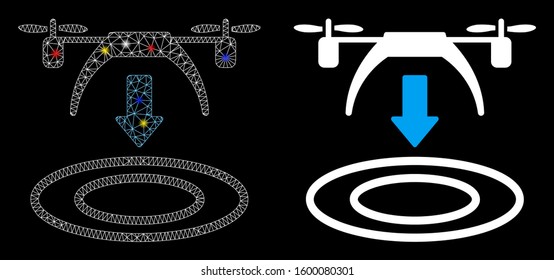 Glowing mesh copter arrival icon with glare effect. Abstract illuminated model of copter arrival. Shiny wire carcass triangular mesh copter arrival icon. Vector abstraction on a black background.