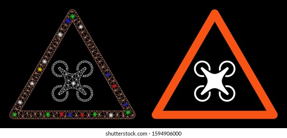 Glowing mesh copter danger icon with glow effect. Abstract illuminated model of copter danger. Shiny wire frame polygonal mesh copter danger icon. Vector abstraction on a black background.