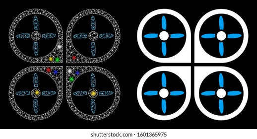 Glowing mesh copter icon with glow effect. Abstract illuminated model of copter. Shiny wire frame polygonal mesh copter icon. Vector abstraction on a black background.