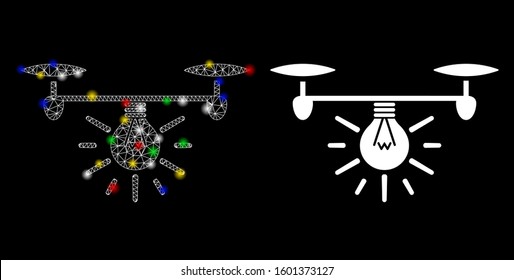 Glowing mesh copter illumination icon with sparkle effect. Abstract illuminated model of copter illumination. Shiny wire carcass polygonal mesh copter illumination icon.