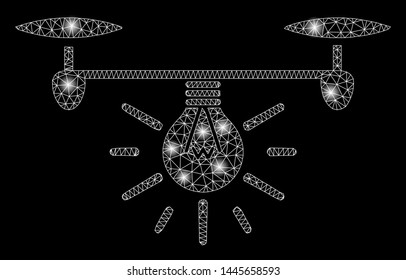 Glowing mesh copter illumination with lightspot effect. Abstract illuminated model of copter illumination icon. Shiny wire frame triangular mesh copter illumination.