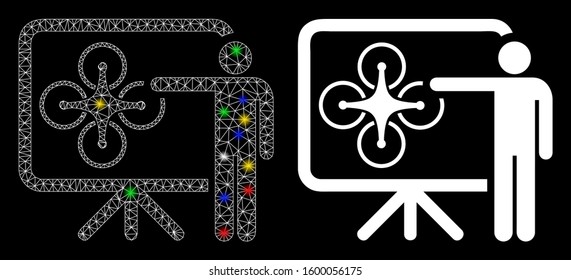 Glowing mesh copter presentation icon with glitter effect. Abstract illuminated model of copter presentation. Shiny wire frame triangular network copter presentation icon.