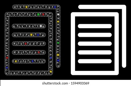 Glowing mesh copy icon with sparkle effect. Abstract illuminated model of copy. Shiny wire carcass triangular network copy icon. Vector abstraction on a black background.