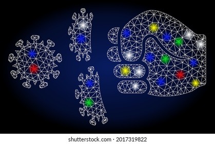 Glowing mesh coronavirus fist strike with glare effect. Abstract illuminated vector model of coronavirus fist strike icon on a dark blue gradiented background.