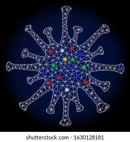 Glowing mesh coronavirus with glitter effect. Abstract illuminated model of coronavirus. Shiny wire frame triangular mesh coronavirus icon. Vector abstraction on a dark blue gradient background.