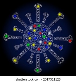 Coronavirus de malla brillante con efecto de foco. Resumen modelo vectorial iluminado del icono del coronavirus en un fondo granadado azul oscuro. Coronavirus triangular de malla de malla de alambre blanco.