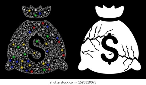 Glowing mesh corrupted fund icon with lightspot effect. Abstract illuminated model of corrupted fund. Shiny wire frame polygonal mesh corrupted fund icon. Vector abstraction on a black background.