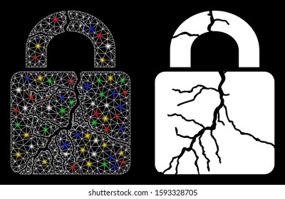 Glowing mesh corrupted lock icon with glare effect. Abstract illuminated model of corrupted lock. Shiny wire carcass polygonal mesh corrupted lock icon. Vector abstraction on a black background.