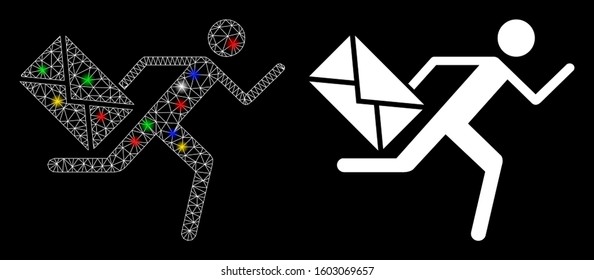 Glowing mesh courier icon with sparkle effect. Abstract illuminated model of courier. Shiny wire frame triangular mesh courier icon. Vector abstraction on a black background.