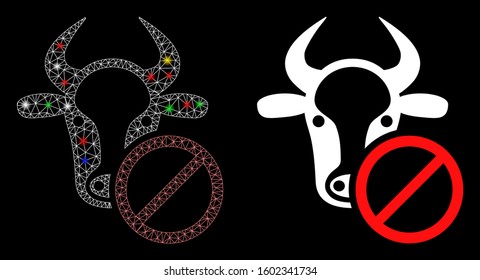 Glowing mesh cow forbidden icon with glitter effect. Abstract illuminated model of cow forbidden. Shiny wire carcass polygonal mesh cow forbidden icon. Vector abstraction on a black background.