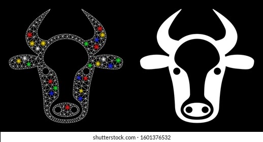 Glowing mesh cow head icon with lightspot effect. Abstract illuminated model of cow head. Shiny wire frame triangular mesh cow head icon. Vector abstraction on a black background.