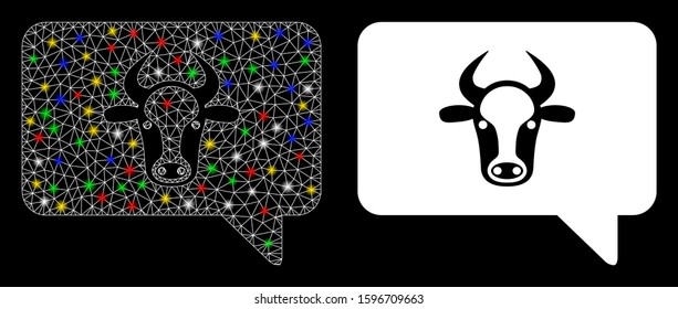 Glowing mesh cow message icon with sparkle effect. Abstract illuminated model of cow message. Shiny wire carcass triangular network cow message icon. Vector abstraction on a black background.