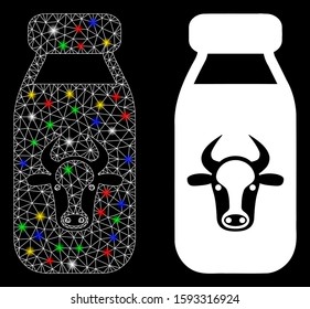 Glowing mesh cow milk icon with glare effect. Abstract illuminated model of cow milk. Shiny wire carcass triangular mesh cow milk icon. Vector abstraction on a black background.