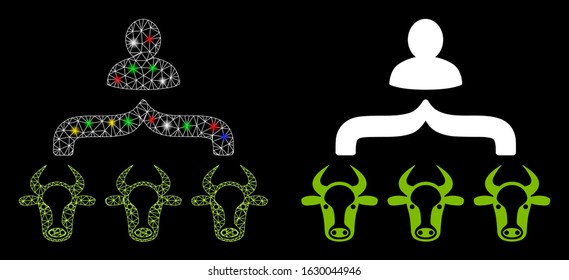 Glowing mesh cow shepherd icon with sparkle effect. Abstract illuminated model of cow shepherd. Shiny wire carcass polygonal mesh cow shepherd icon. Vector abstraction on a black background.