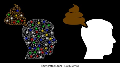 Glowing mesh crap thinking person icon with lightspot effect. Abstract illuminated model of crap thinking person. Shiny wire frame polygonal network crap thinking person icon.