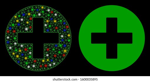 Glowing mesh create icon with lightspot effect. Abstract illuminated model of create. Shiny wire frame polygonal mesh create icon. Vector abstraction on a black background.