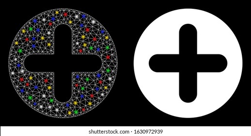 Glowing mesh create icon with lightspot effect. Abstract illuminated model of create. Shiny wire frame triangular mesh create icon. Vector abstraction on a black background.