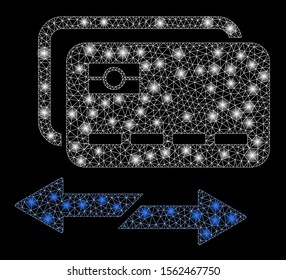 Glowing mesh credit card exchange with sparkle effect. Abstract illuminated model of credit card exchange icon. Shiny wire frame triangular network credit card exchange.