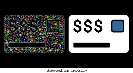 Glowing mesh credit card icon with sparkle effect. Abstract illuminated model of credit card. Shiny wire carcass triangular mesh credit card icon. Vector abstraction on a black background.