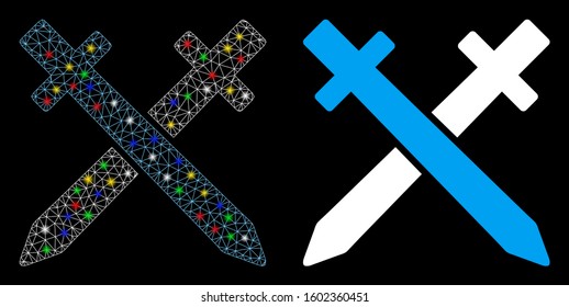 Glowing mesh crossing swords icon with sparkle effect. Abstract illuminated model of crossing swords. Shiny wire carcass polygonal mesh crossing swords icon. Vector abstraction on a black background.