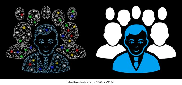 Glowing mesh crowd icon with glare effect. Abstract illuminated model of crowd. Shiny wire carcass polygonal mesh crowd icon. Vector abstraction on a black background.