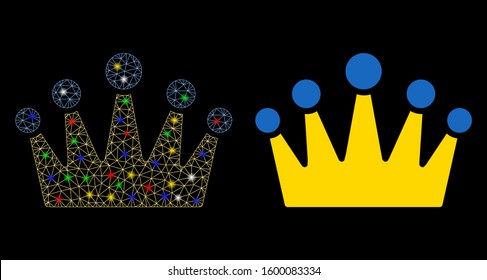 Glowing mesh crown icon with lightspot effect. Abstract illuminated model of crown. Shiny wire carcass triangular mesh crown icon. Vector abstraction on a black background.