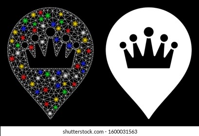 Glowing mesh crown marker icon with sparkle effect. Abstract illuminated model of crown marker. Shiny wire frame triangular mesh crown marker icon. Vector abstraction on a black background.