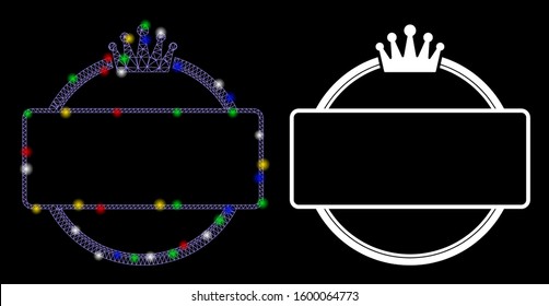 Glowing mesh crown round and rectangle frame icon with glow effect. Abstract illuminated model of crown round and rectangle frame.