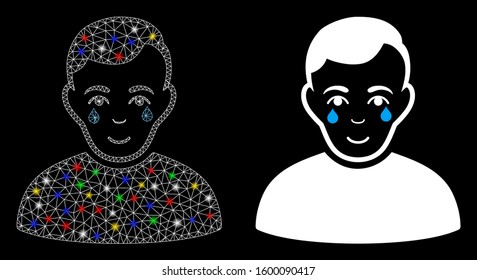 Glowing mesh crying boy icon with lightspot effect. Abstract illuminated model of crying boy. Shiny wire frame triangular mesh crying boy icon. Vector abstraction on a black background.