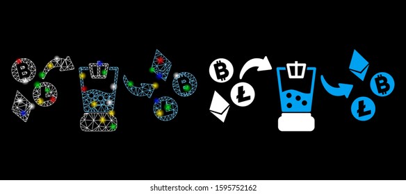 Glowing mesh cryptocurrency mixer icon with glitter effect. Abstract illuminated model of cryptocurrency mixer. Shiny wire frame polygonal network cryptocurrency mixer icon.