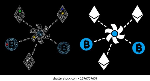 Glowing mesh cryptocurrency mixer rotor icon with glare effect. Abstract illuminated model of cryptocurrency mixer rotor. Shiny wire carcass polygonal mesh cryptocurrency mixer rotor icon.
