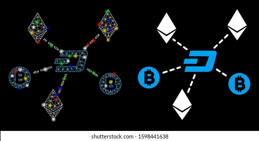 Glowing mesh cryptocurrency relations icon with sparkle effect. Abstract illuminated model of cryptocurrency relations. Shiny wire carcass polygonal mesh cryptocurrency relations icon.